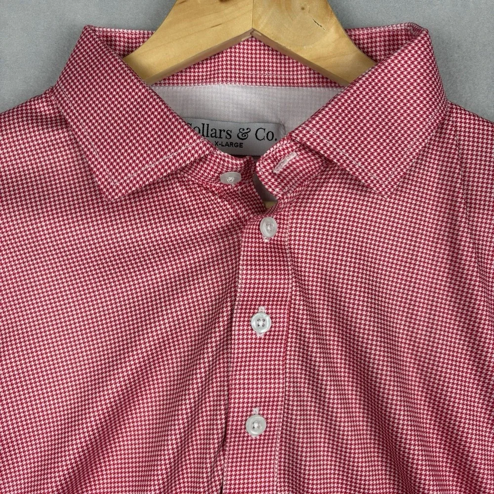 Collars & Co Dress Collar Polo Mens XL Red White Houndstooth Stretch Preppy